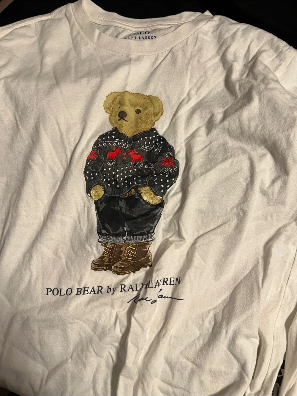Ralph Lauren White Tee with Bear Graphic in Black, Red & Brown